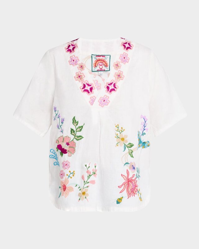 Embroidered V-Neck Linen Blouse